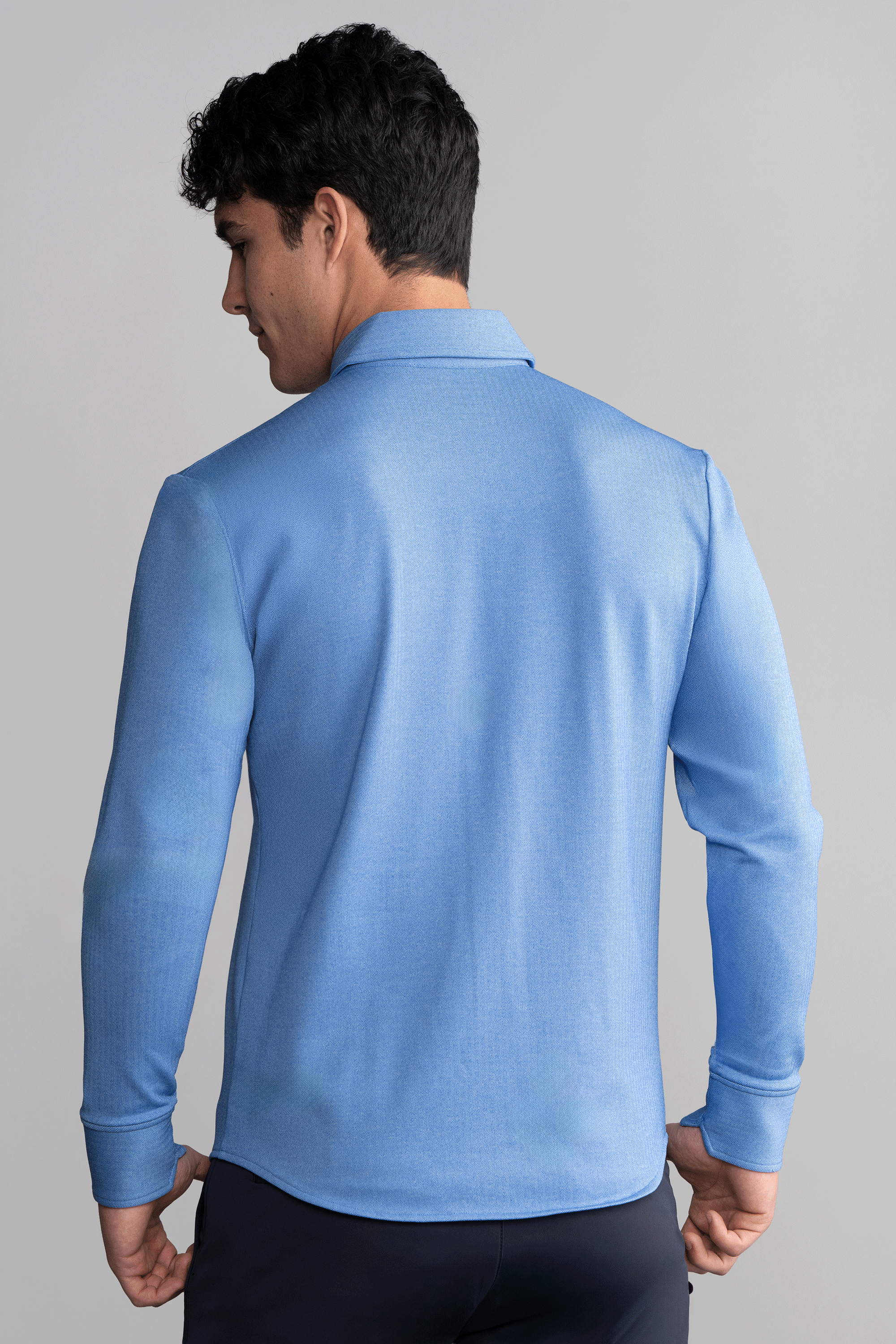 Long Sleeve Button Down Polo in Herringbone // Blue