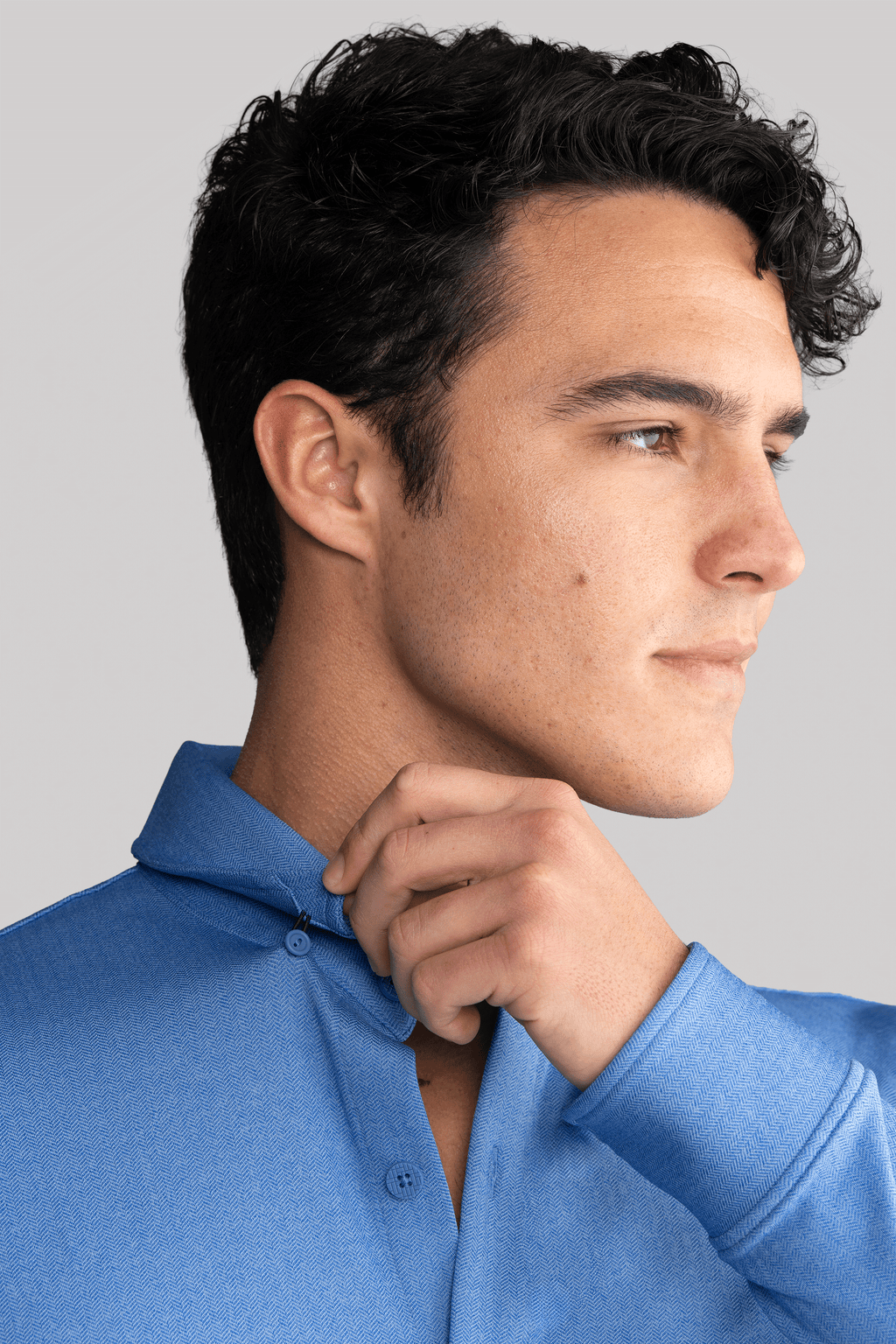 Long Sleeve Button Down Polo in Herringbone // Blue