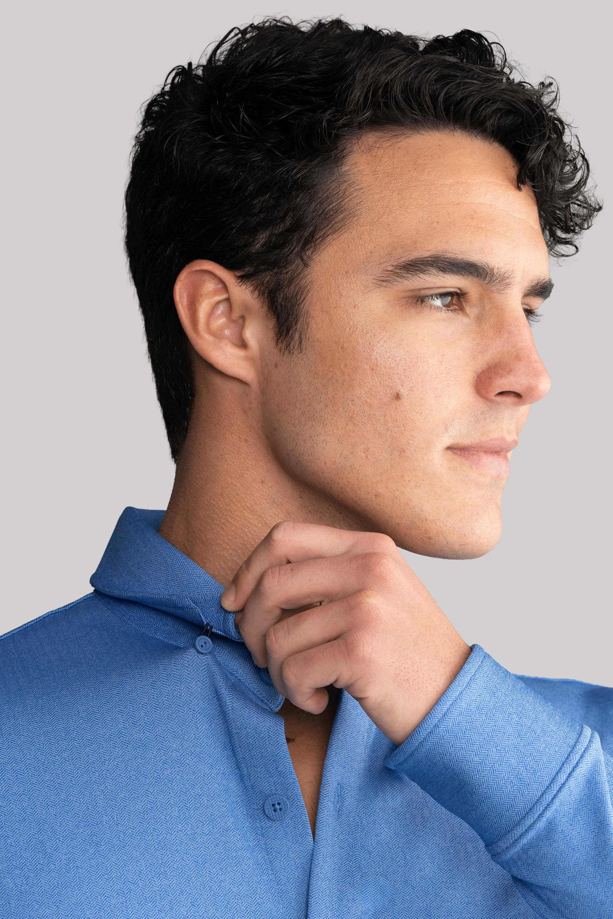 Long Sleeve Button Down Polo in Herringbone // Blue