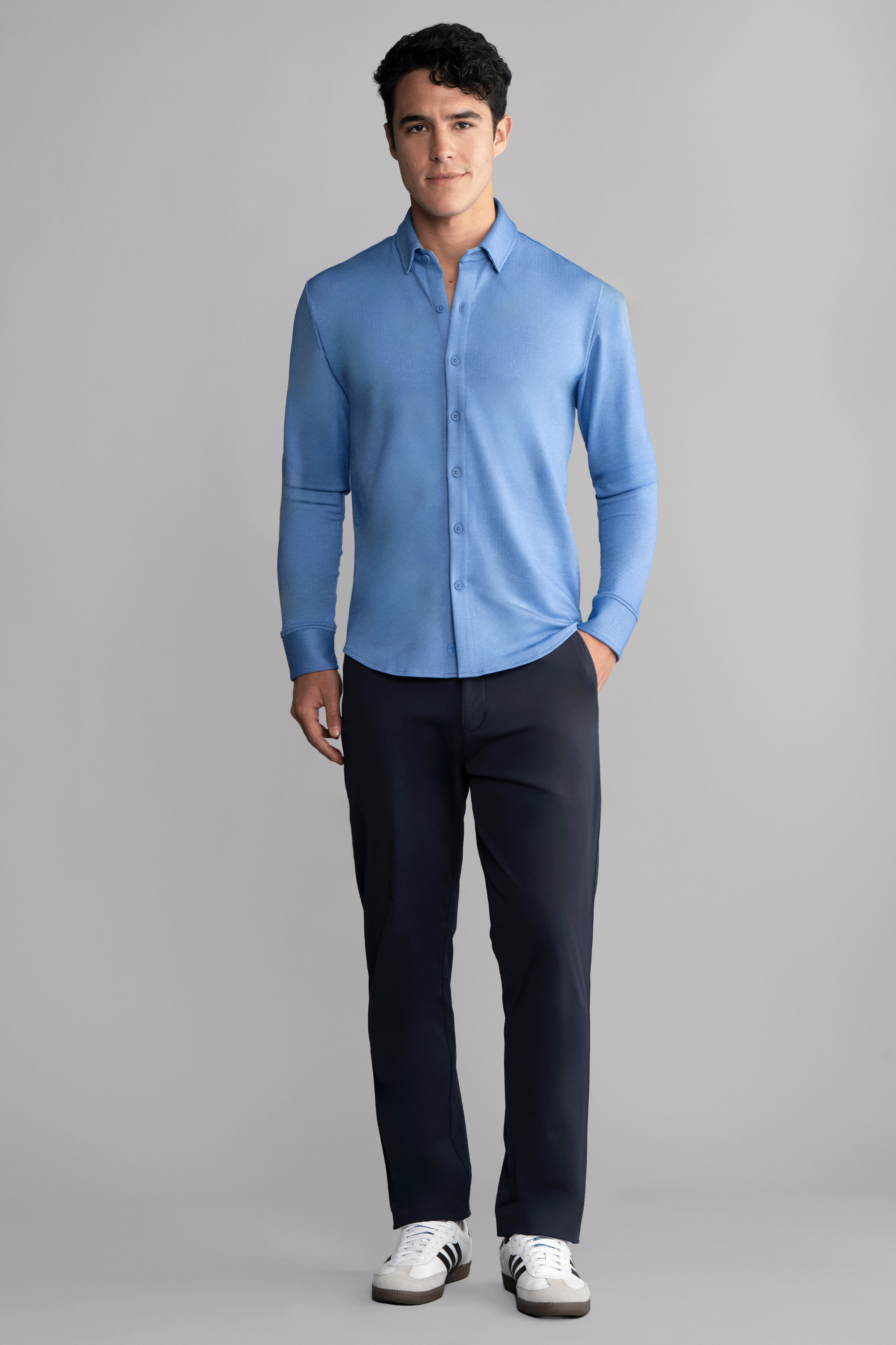 Long Sleeve Button Down Polo in Herringbone // Blue