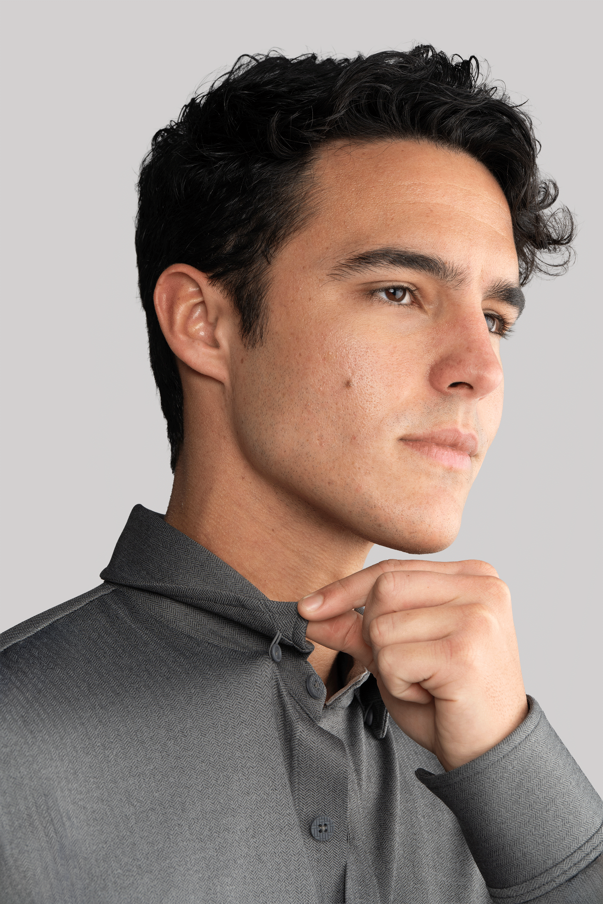 Long Sleeve Button Down Polo in Herringbone // Charcoal