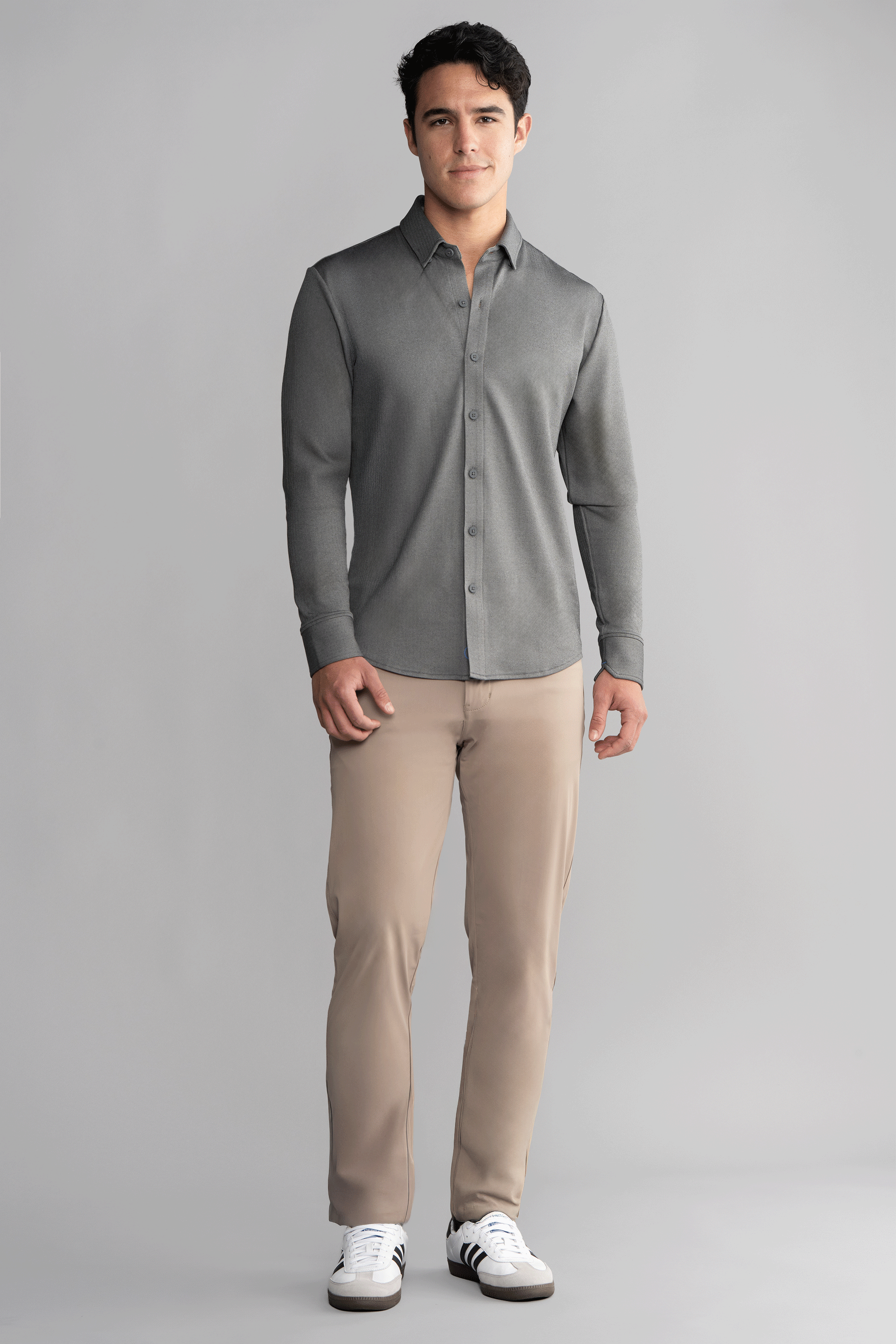 Long Sleeve Button Down Polo in Herringbone // Charcoal