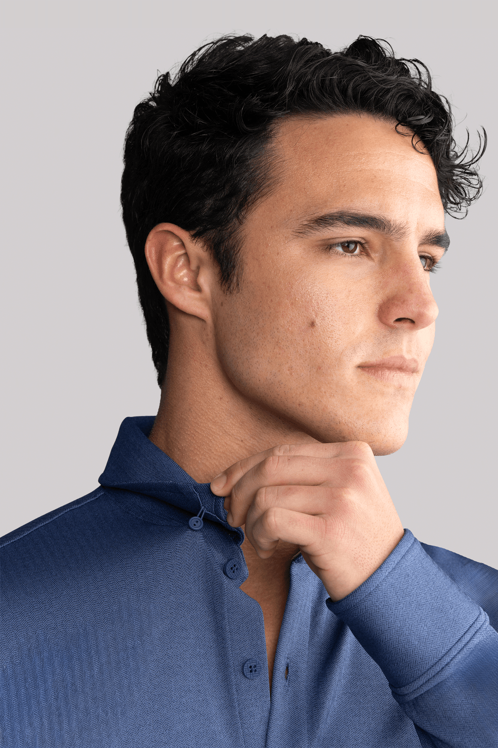 Long Sleeve Button Down Polo in Herringbone // Navy