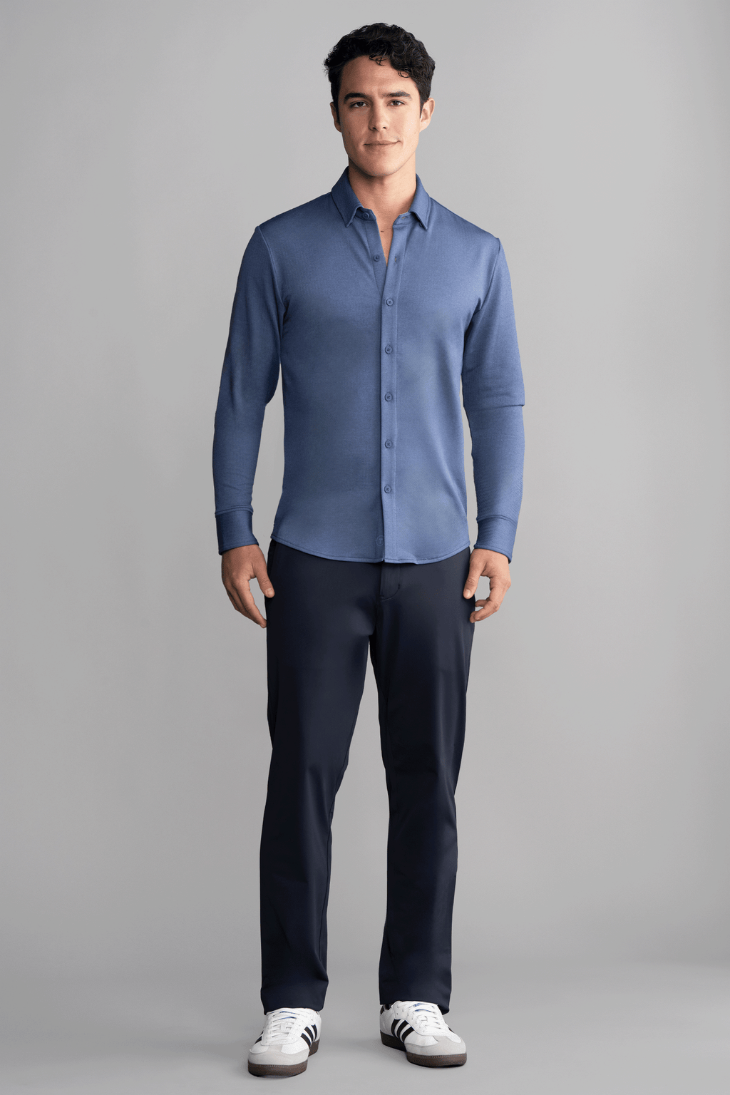 Long Sleeve Button Down Polo in Herringbone // Navy