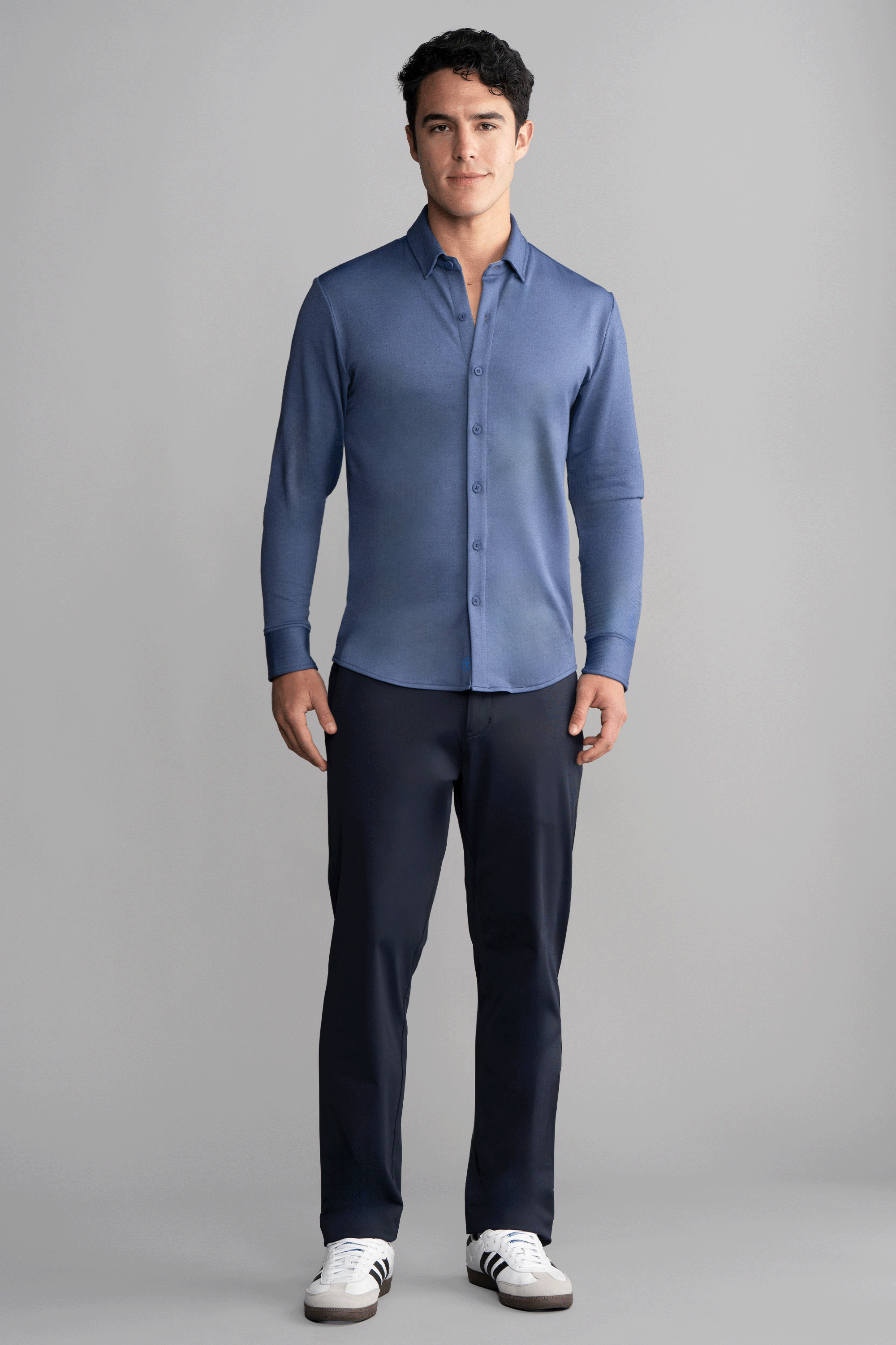 Long Sleeve Button Down Polo in Herringbone // Navy