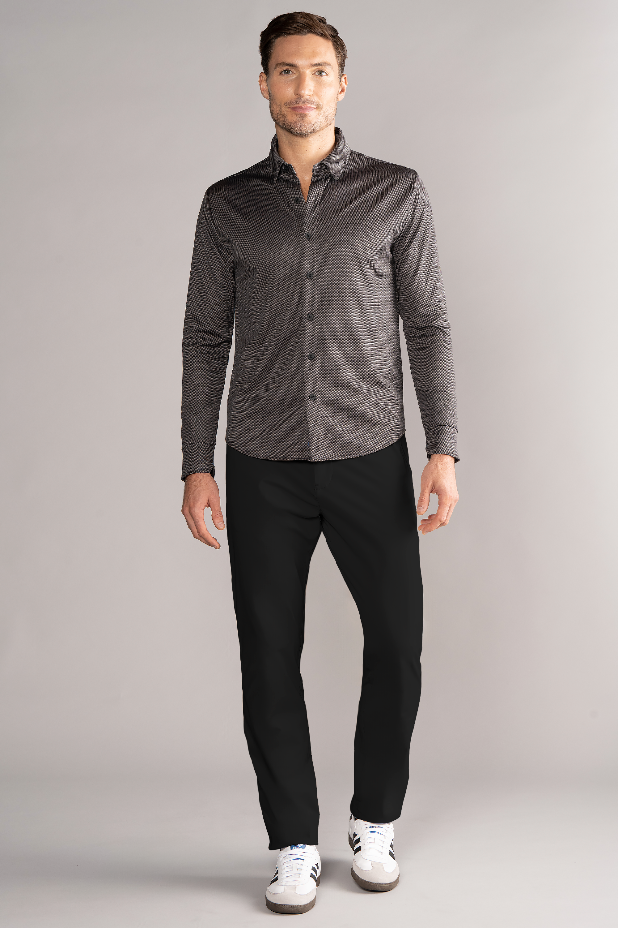 Long Sleeve Button Down Polo Dot // Grey Scale