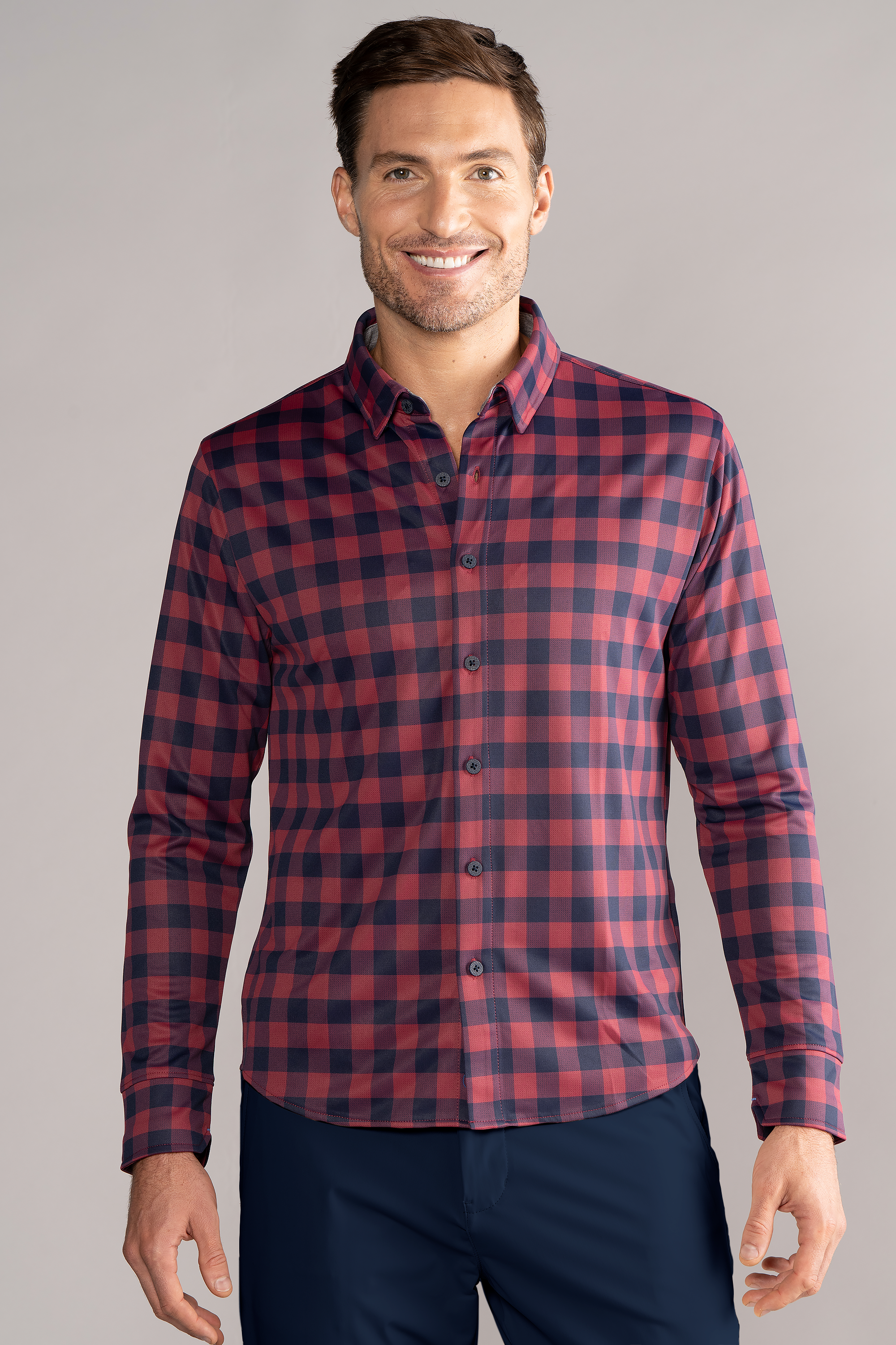 Long Sleeve Button Down Polo Gingham // Red Blue