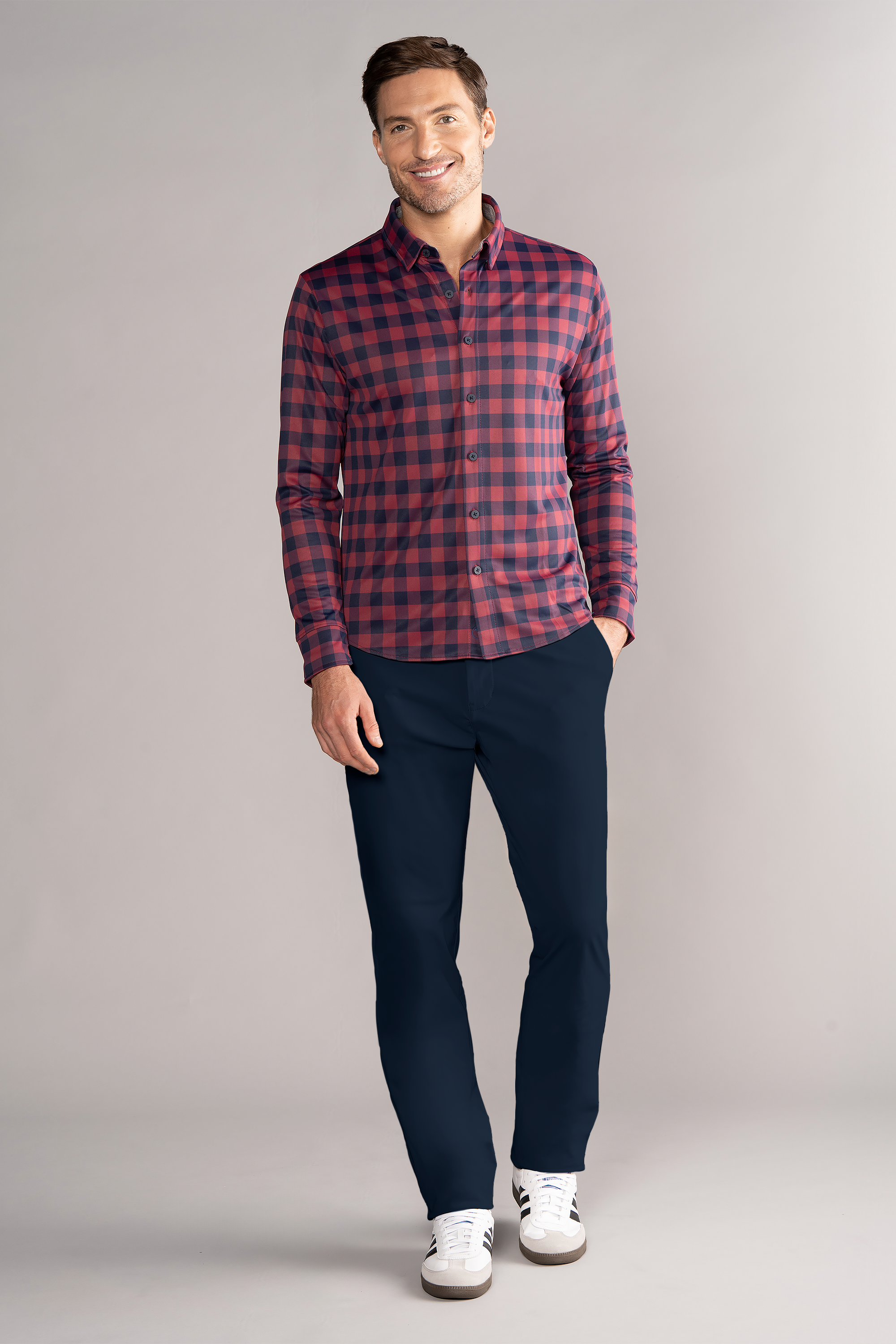 Long Sleeve Button Down Polo Gingham // Red Blue