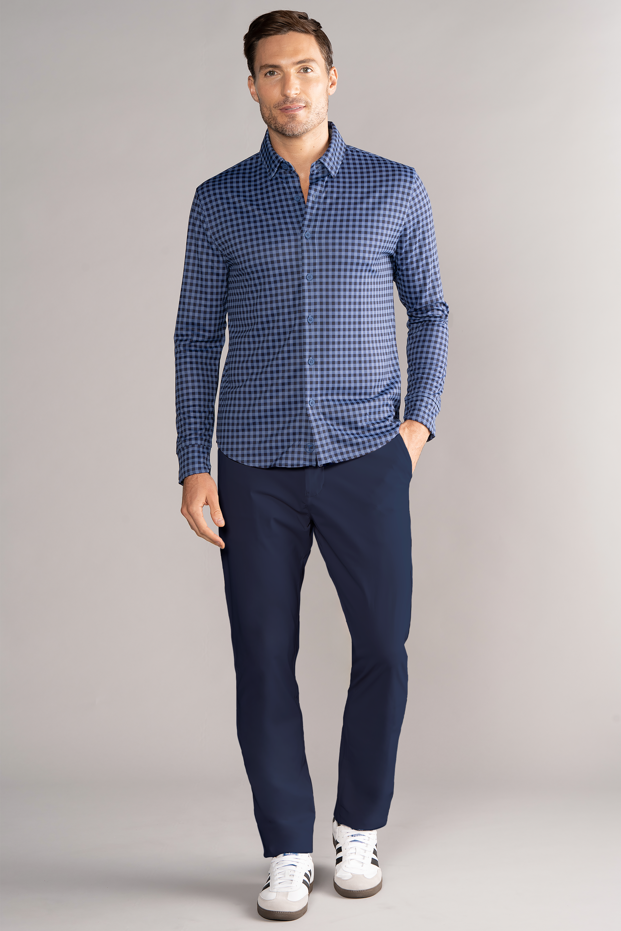 Long Sleeve Button Down Polo Gingham // Navy Blue