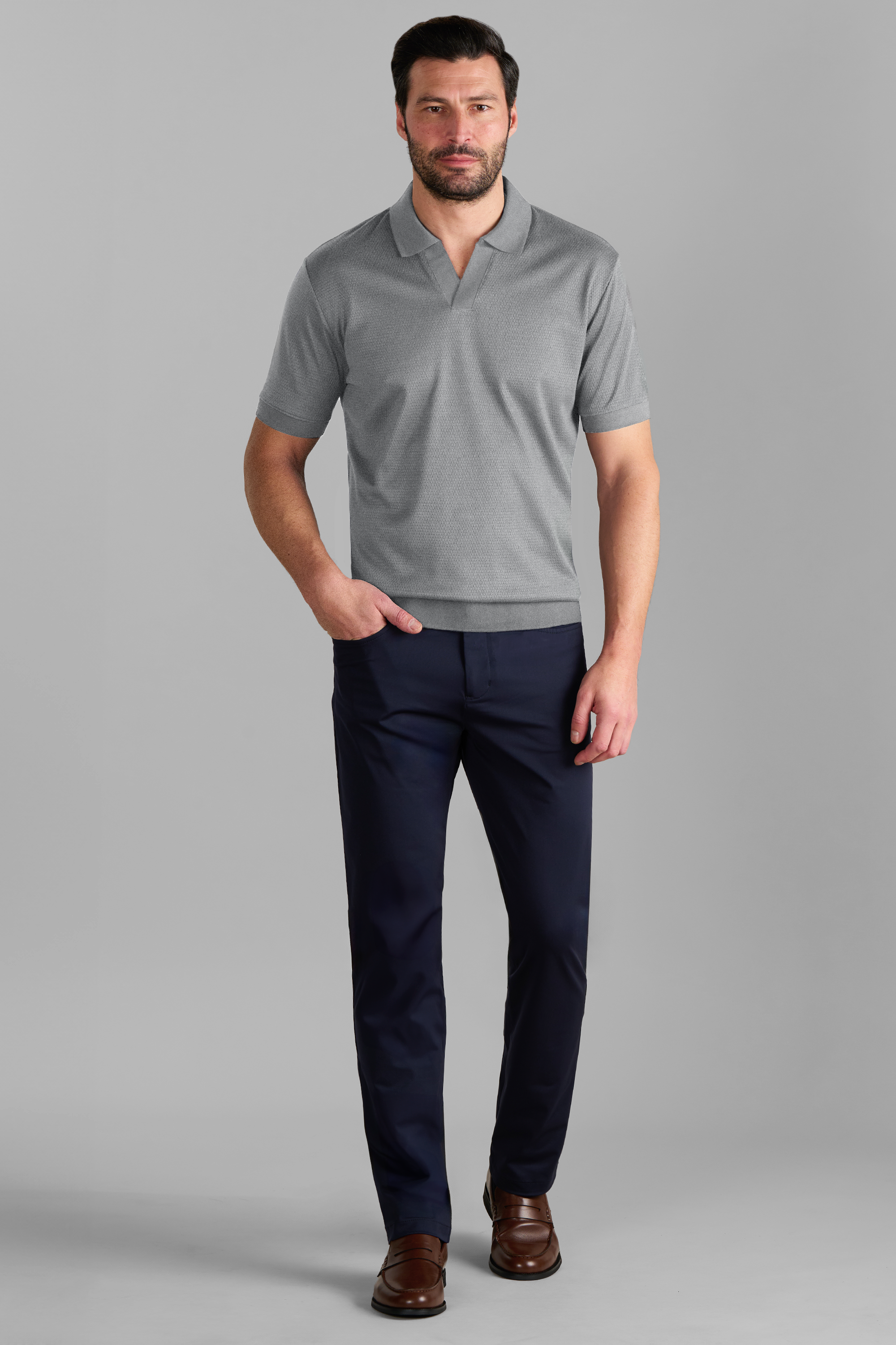 Short Sleeve Sweater Polo Solid // Light Grey