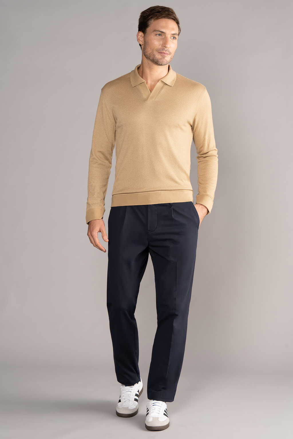 Long Sleeve Sweater Polo Solid // Camel